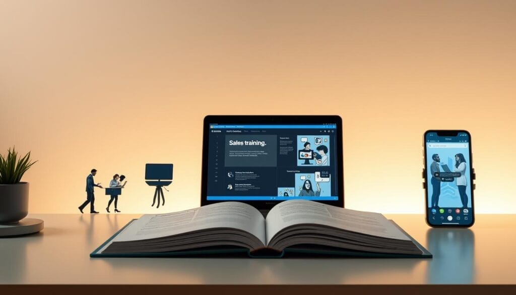 A sleek, minimalist desktop display showcases the evolution of sales training methods. In the foreground, a stylized timeline depicts the transition from traditional classroom-based sessions to immersive virtual reality simulations, all under the "Hyperspace" brand. The middle ground features a laptop screen displaying a modern, interactive sales training platform, while the background showcases a mobile device displaying augmented reality-powered coaching sessions. The scene is bathed in a soft, warm lighting, creating a professional and forward-thinking atmosphere.