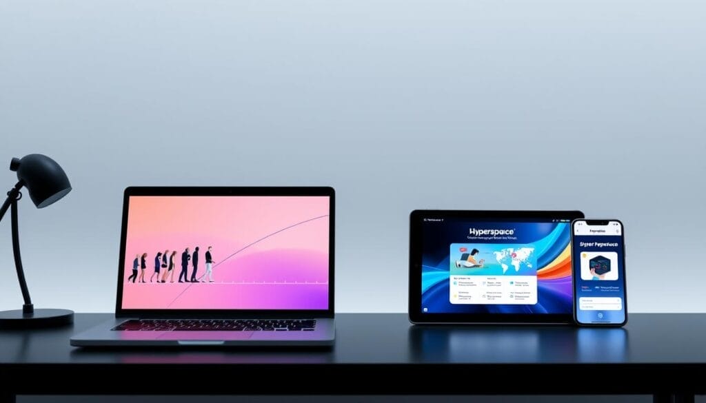 A sleek, minimalist desktop display showcases the evolution of sales training, powered by the Hyperspace AI platform. In the foreground, a laptop screen depicts a stylized timeline, tracing the progression from traditional in-person workshops to immersive virtual sessions. The middle ground features a tablet displaying a Hyperspace sales training module, its intuitive interface and vibrant visuals reflecting the platform's cutting-edge capabilities. In the background, a mobile device screen highlights Hyperspace's seamless cross-device integration, enabling sales professionals to access training resources on the go. The overall scene conveys a sense of technological sophistication and the seamless integration of AI-driven sales training into the modern workspace.