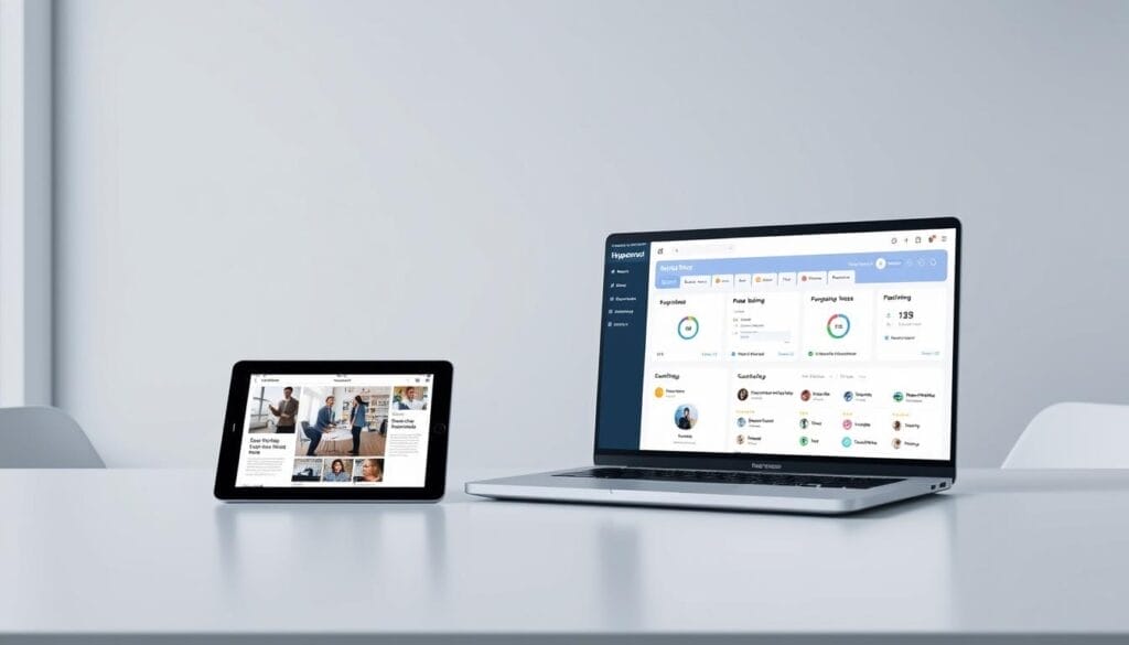 A sleek, minimalist desktop display showcases the intuitive features of the Hyperspace sales training platform. In the foreground, a laptop screen displays an interactive dashboard with personalized metrics, progress tracking, and customizable training modules. The middle ground features a tablet device highlighting immersive AR/VR simulations, while the background subtly depicts a modern office setting with clean lines and muted tones, creating a professional and focused atmosphere. The overall scene conveys the platform's seamless integration, advanced technology, and user-centric design, perfectly suited for the article's exploration of leading AI-powered sales training solutions.