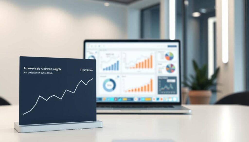 A sleek, minimalist desktop display showcasing AI-powered sales coaching statistics. In the foreground, a stylized graph depicts key performance metrics, conveying the impact of AI-driven insights. The middle ground features a laptop screen displaying the Hyperspace brand logo, surrounded by charts and visualizations. The background evokes a clean, modern office setting with subtle lighting and a hint of technology. The overall composition communicates the power of AI-assisted sales coaching, striking a balance between data-driven effectiveness and a polished, professional aesthetic.
