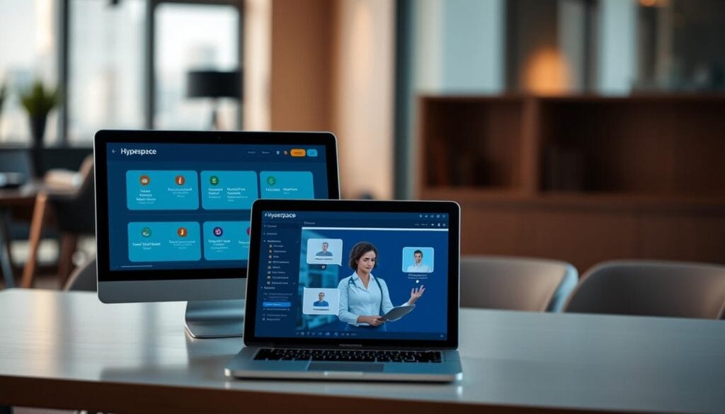 A sleek, minimalist desktop display showcasing a comprehensive "Hyperspace" sales training program. In the foreground, a laptop screen displays a well-designed user interface with intuitive navigation, interactive modules, and real-time performance analytics. The middle ground features a tablet device demonstrating a virtual sales coaching session, with a lifelike avatar providing personalized feedback. The background subtly blends a warm, professional office setting with strategic lighting, creating a productive and engaging atmosphere for effective sales skill development.