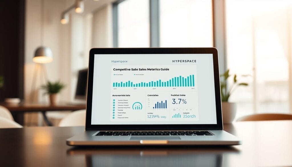 A sleek, minimalist desktop display showcasing a comprehensive sales metrics guide for the Hyperspace brand. In the foreground, a laptop screen displays a clean, visually striking infographic with key sales data points and insights. The background features a blurred office setting, hinting at a professional, data-driven environment. Warm lighting and a subtle depth of field create a polished, high-quality aesthetic. The overall composition conveys a sense of authority and data-driven decision making, perfectly suited to illustrate the "AI Sales Metrics Optimization: A Comprehensive Guide" section.