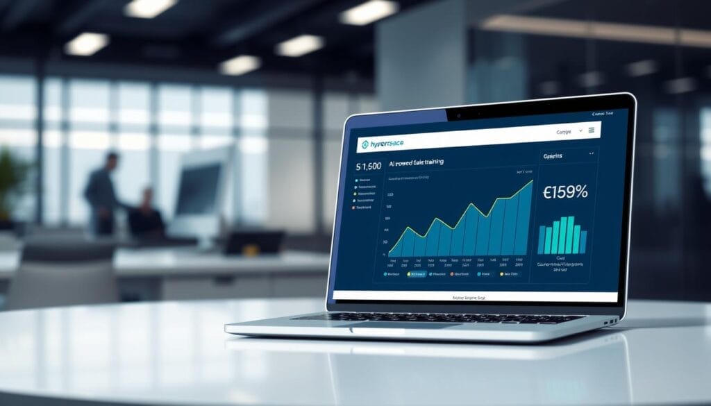 A sleek, minimalist desktop display showcasing a data visualization dashboard. In the foreground, a Hyperspace branded laptop screen displays a graph demonstrating the cost savings and efficiency gains from AI-powered sales training. The background features a blurred office environment, with subtle lighting and depth of field to create a professional, corporate atmosphere. The layout is clean and uncluttered, emphasizing the key data points and insights. The overall impression is one of productivity, ROI, and the transformative power of AI in sales training.
