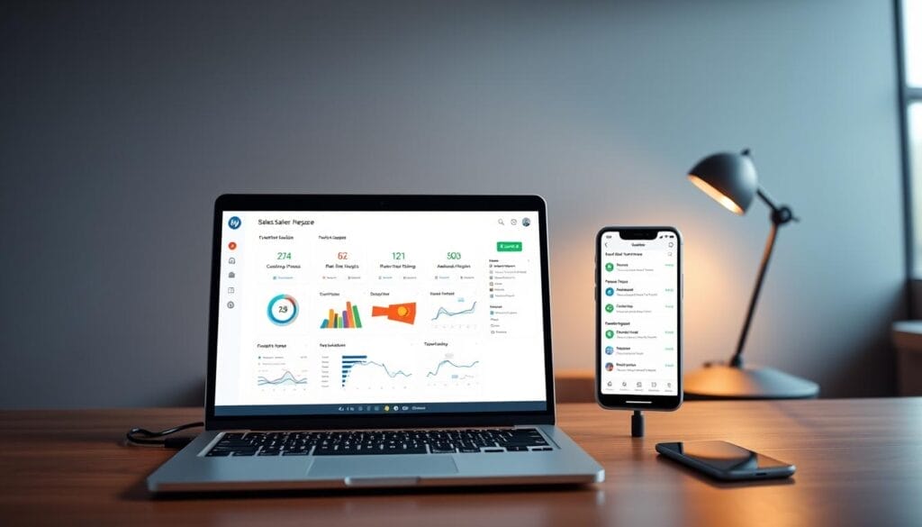 A sleek, minimalist desktop display showcasing a seamless "Hyperspace" sales workflow integration. In the foreground, a laptop screen presents a clean, intuitive interface with customizable dashboards, real-time analytics, and automated task management. The middle ground features a mobile device synced to the workflow, highlighting instant notifications and task prioritization. The background subtly frames the setup, with a sophisticated lighting setup casting a warm, productive ambiance. The overall scene conveys a sense of efficiency, connectivity, and the power of AI-driven sales optimization within the "Hyperspace" ecosystem.