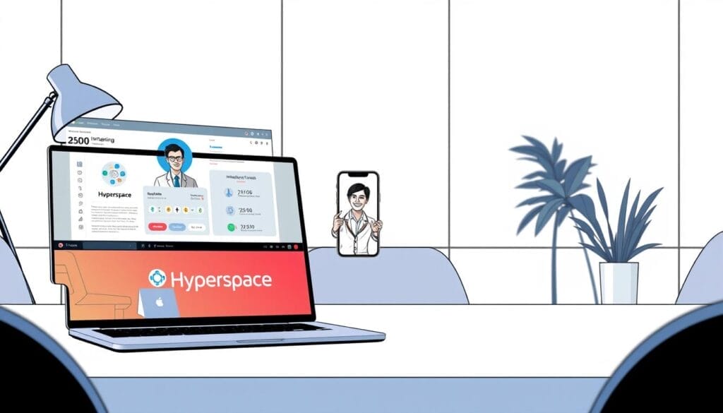 A sleek, minimalist desktop display showcasing an AI-powered sales coaching platform. In the foreground, a laptop screen displays a Hyperspace branded interface, with intuitive visualizations and real-time feedback for a sales representative. In the middle ground, a smartphone screen presents video call interaction between the sales coach and trainee, their faces captured in a natural, conversational pose. The background features a sophisticated, monochromatic office setting, with clean lines and subtle lighting that creates a calm, focused atmosphere conducive to productive skill development.