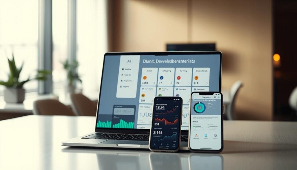 A sleek, minimalist desktop display showcasing personalized development plans within the Hyperspace AI coaching platform. The foreground features a laptop screen with a clean, intuitive interface displaying individual goal-setting, progress tracking, and customized training modules. In the middle ground, a smartphone displays vibrant analytics and performance metrics, conveying the platform's comprehensive suite of features. The background depicts a blurred, elegant office setting, emanating a professional and productive atmosphere. Soft, directional lighting from the side creates depth and highlights the crisp, modern design elements. The overall mood is one of focused productivity and personalized self-improvement powered by the advanced Hyperspace AI system.
