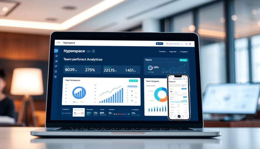 A sleek, minimalist desktop display showcasing team performance analytics for Hyperspace. The foreground features a laptop screen with a clean, intuitive dashboard displaying key metrics, charts, and visualizations. The middle ground includes a stylized mobile device reflecting the same data. The background depicts a sophisticated office setting with subtle lighting, blurred out to keep the focus on the technology. The overall tone is professional, data-driven, and forward-thinking, capturing the essence of "Enhancing Sales Team Performance".