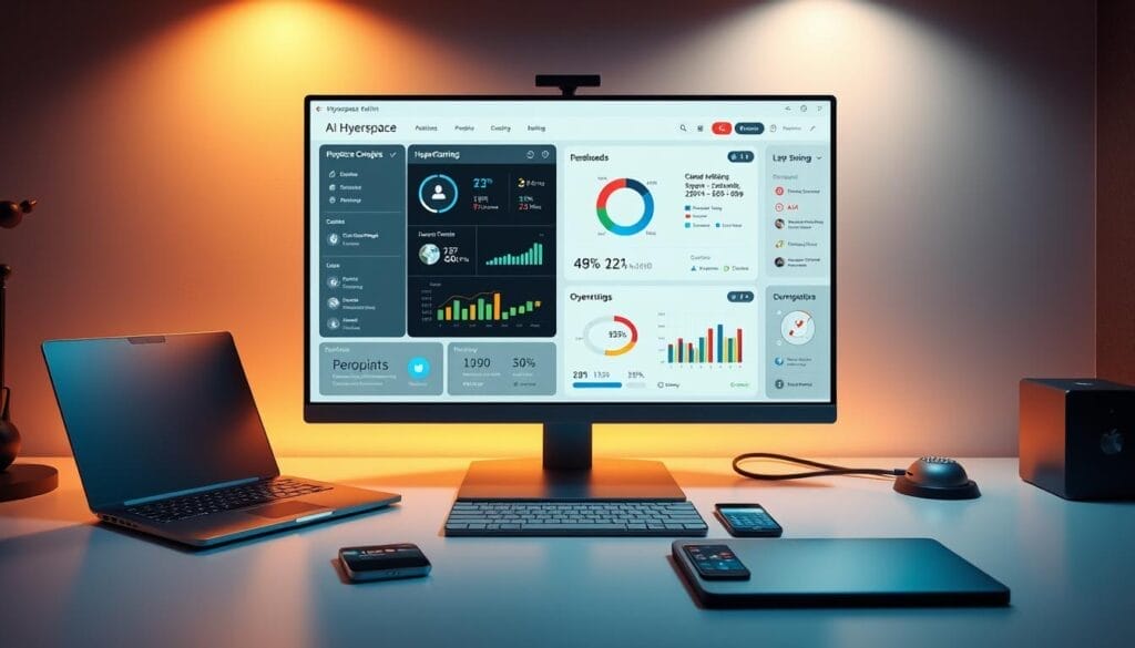 A sleek, minimalist desktop display showcasing the "Hyperspace" AI sales training platform. In the center, a large, high-resolution monitor displays an intuitive user interface with customizable dashboards, real-time analytics, and personalized learning modules. Surrounding the monitor, a modern, brushed-metal laptop and a state-of-the-art smartphone device, seamlessly integrated into the setup. The lighting is warm and focused, creating a professional, productive atmosphere. The overall composition conveys a sense of efficiency, innovation, and a cutting-edge sales training experience.