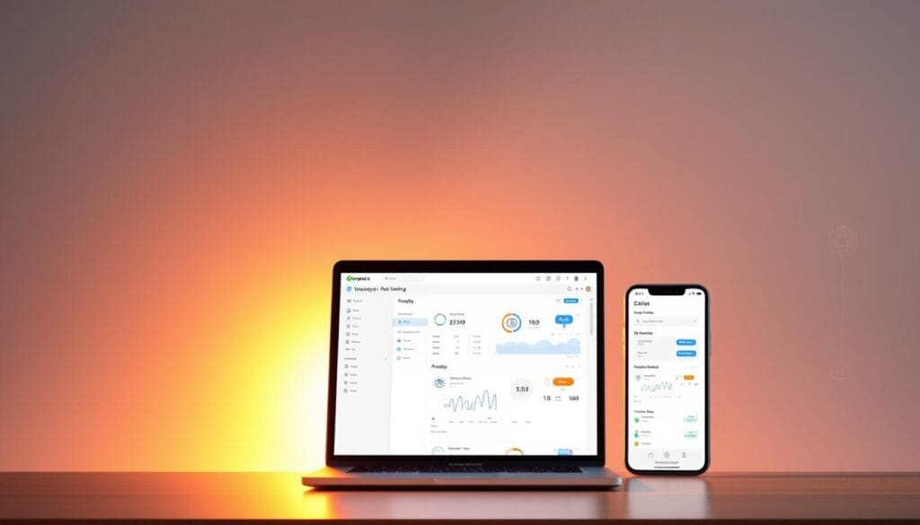 A sleek, minimalist desktop display showcasing the Hyperspace AI sales training software. In the foreground, a laptop screen displays a user interface with intuitive menus and data visualizations, hinting at the software's powerful analytical capabilities. The middle ground features a mobile phone, its screen mirroring the laptop, emphasizing the software's cross-device compatibility. In the background, a series of subtle icons and geometric shapes allude to the AI-driven algorithms powering the sales training solution. Warm, directional lighting from the left casts a soft glow, creating a professional, technology-driven atmosphere. The overall composition suggests a seamless integration of AI, sales, and training within a modern, user-friendly platform.
