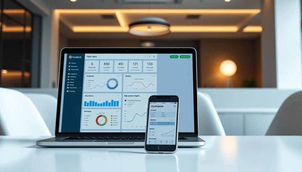 A sleek, minimalist desktop display showcasing the "Hyperspace" sales enablement platform. In the foreground, a laptop screen displays a clean, intuitive user interface with customizable dashboards, sales pipeline analytics, and AI-powered insights. In the middle ground, a smartphone rests, mirroring the laptop's visuals, highlighting the platform's cross-device accessibility. The background features a sophisticated, modern office setting with subtle lighting and muted tones, creating a professional, productive atmosphere. The overall scene conveys the seamless integration of the "Hyperspace" platform into a sophisticated sales enablement workflow.
