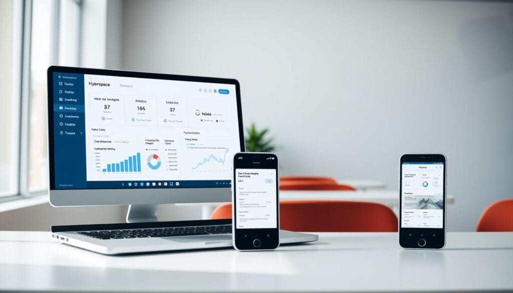 A sleek, minimalist desktop display showcasing the "Hyperspace" sales training software interface. In the foreground, a laptop screen displays a clean, intuitive dashboard with metrics, analytics, and customizable training modules. The middle ground features a mobile phone, its screen mirroring the desktop view, highlighting the software's cross-device compatibility. The background depicts a modern, well-lit office setting, with subtle geometric patterns on the walls, conveying a sense of professionalism and innovation. The overall atmosphere is one of efficiency, organization, and a forward-thinking approach to sales enablement.