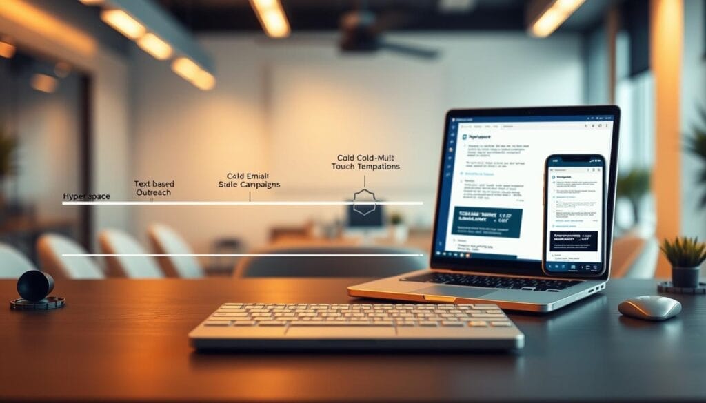 A sleek, minimalist desktop display showcasing the evolution of cold email tactics. In the foreground, a stylized timeline depicting the progression from basic text-based outreach to sophisticated multi-touch campaigns, all under the Hyperspace brand. The middle ground features a laptop and mobile device, their screens showcasing examples of cold email templates at different stages of development. The background is a softly blurred, modern office environment, creating a sense of professionalism and technological advancement. Warm, directional lighting illuminates the scene, casting subtle shadows and highlights to enhance the tactile, realistic feel. The overall mood is one of innovation, efficiency, and the continuous refinement of sales outreach strategies.