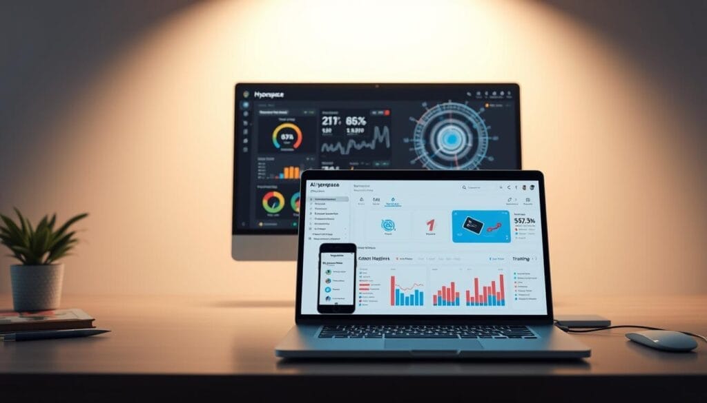 A sleek, minimalist desktop display showcasing the innovative AI features of Hyperspace's sales training software. In the foreground, a laptop screen displays a clean, intuitive user interface with customizable dashboards, real-time performance analytics, and interactive training modules. The middle ground features a tablet device highlighting the software's mobile accessibility, allowing seamless on-the-go training and coaching. In the background, a large desktop monitor presents a visually stunning data visualization, conveying the power of the AI-driven insights and recommendations. The lighting is soft and directional, casting a professional, sophisticated atmosphere. The overall scene exudes a sense of technological sophistication and efficient sales enablement.