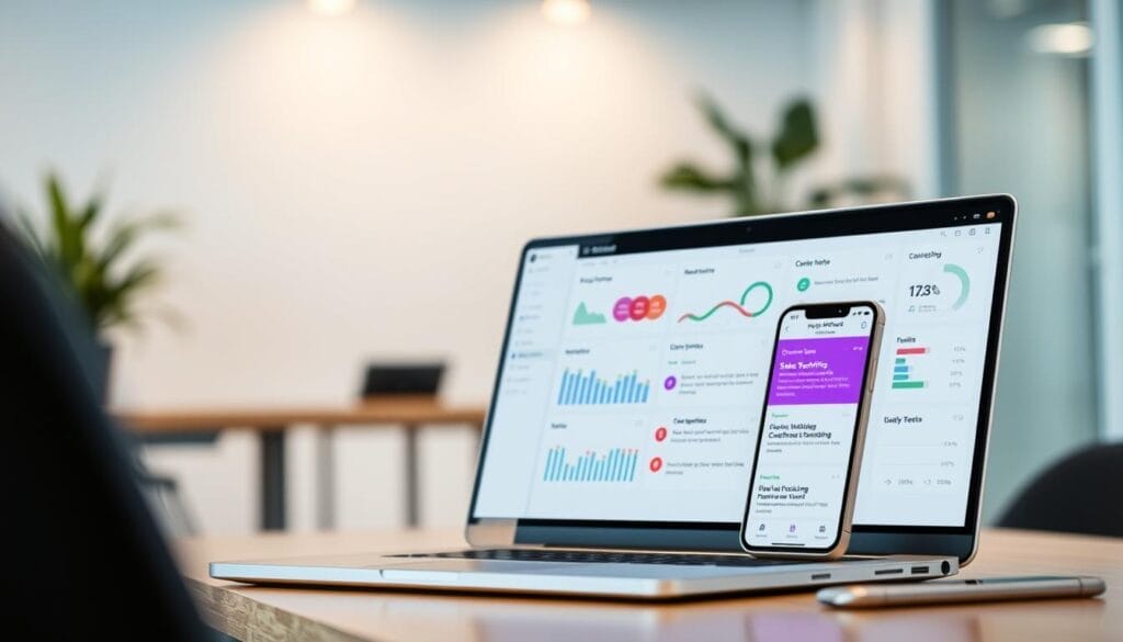 A sleek, minimalist desktop display showcasing the intuitive interface of the "Hyperspace" real-time feedback platform. In the foreground, a laptop screen displays a clean dashboard with interactive charts, graphs, and customizable performance metrics. The middle ground features a mobile device with a vibrant, responsive display highlighting real-time sales team updates and coaching suggestions. The background depicts a softly lit office setting, creating a professional and productive atmosphere. Crisp, realistic lighting and a subtle depth of field enhance the overall polished, technology-driven aesthetic.