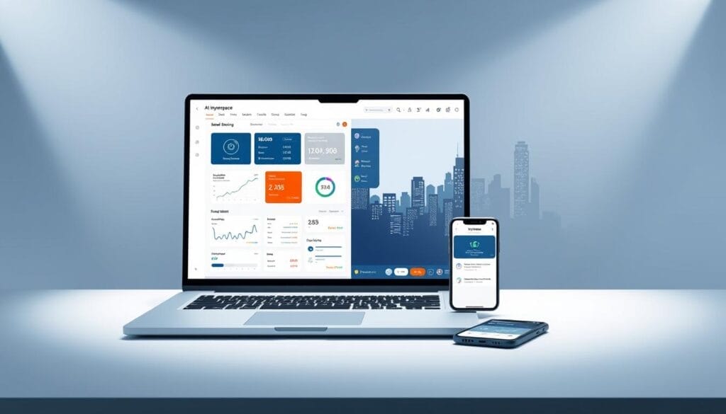 A sleek, minimalist desktop display showcasing the key AI-driven sales efficiency features of the "Hyperspace" platform. In the foreground, a laptop screen displays a clean, intuitive user interface with customizable dashboards, real-time sales analytics, and AI-powered lead scoring. The middle ground features a mobile device with a sales pipeline management app, seamlessly syncing data across devices. The background depicts a stylized cityscape, symbolizing the agile, on-the-go nature of the sales tools. Soft, directional lighting illuminates the scene, creating a professional, high-tech atmosphere. The overall impression conveys the power of AI to streamline and optimize the sales process.