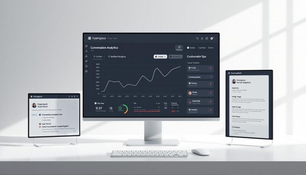 A sleek, minimalist desktop interface displaying real-time conversation analytics for a sales coaching AI platform. In the center, a large data visualization chart showcases key metrics and insights, with clean lines and a muted color palette. Surrounding the chart, smaller windows display conversation transcripts, sentiment analysis, and recommended coaching tips, all branded with the "Hyperspace" logo. The layout is modern and responsive, optimized for desktop and mobile devices. Subtle lighting and reflections create a sense of depth and professionalism, guiding the viewer's attention to the core features of this innovative sales coaching solution.