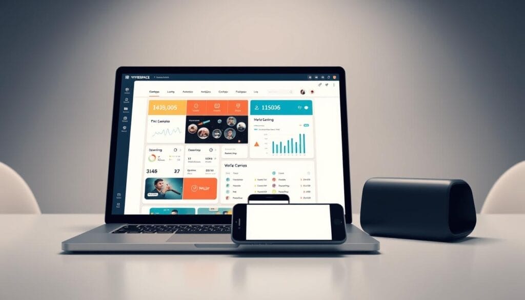 A sleek, minimalist desktop interface showcases the "Hyperspace" no-code sales training platform. The foreground features a laptop screen displaying a visually engaging dashboard, with intuitive controls and analytics. In the middle ground, a smartphone rests, its screen mirroring the laptop's content, highlighting the platform's cross-device compatibility. The background subtly suggests a modern, well-lit office setting, with clean lines and muted tones that complement the platform's branding. The overall impression conveys a seamless, user-friendly experience for sales professionals to access virtual coaching and training resources.