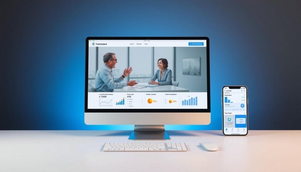 A sleek, minimalist desktop interface showcasing a "Hyperspace" sales coaching software application. In the foreground, a high-resolution display depicts a dynamic sales coaching session, with a mentor and mentee engaged in an animated discussion. The middle ground features a laptop and mobile device, each displaying relevant sales analytics and performance metrics. The background subtly blends shades of blue and gray, creating a professional, technology-driven atmosphere. Carefully considered lighting and camera angles give the scene a sense of depth and focus, highlighting the sophisticated nature of the AI-powered sales coaching landscape.