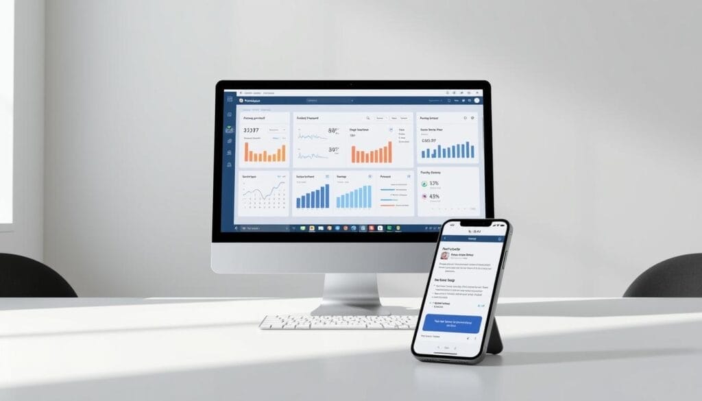 A sleek, minimalist desktop interface showcasing real-time sales feedback tools by Hyperspace. In the foreground, a laptop screen displays a comprehensive sales dashboard with interactive charts, graphs, and performance metrics. The middle ground features a mobile device with a user-friendly app, providing sales representatives with instant insights and coaching recommendations. The background subtly suggests a professional office setting, with clean lines, neutral tones, and soft, directional lighting that creates a sense of focus and productivity. The overall atmosphere conveys a seamless integration of cutting-edge technology and efficient sales optimization.