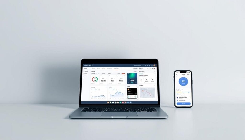 A sleek, minimalist desktop interface showcasing the "Hyperspace" AI coaching platform. In the foreground, a laptop screen displays a clean, intuitive dashboard with analytics, user profiles, and customizable coaching tools. The middle ground features a tablet device highlighting the platform's mobile accessibility, with a vibrant, data-rich interface. In the background, a smartphone screen presents the Hyperspace app, seamlessly syncing user progress across devices. Soft, indirect lighting creates a professional, focused atmosphere, while muted tones and clean lines convey a sense of efficiency and effectiveness. The overall scene demonstrates the comprehensive, integrated nature of the Hyperspace coaching platform.