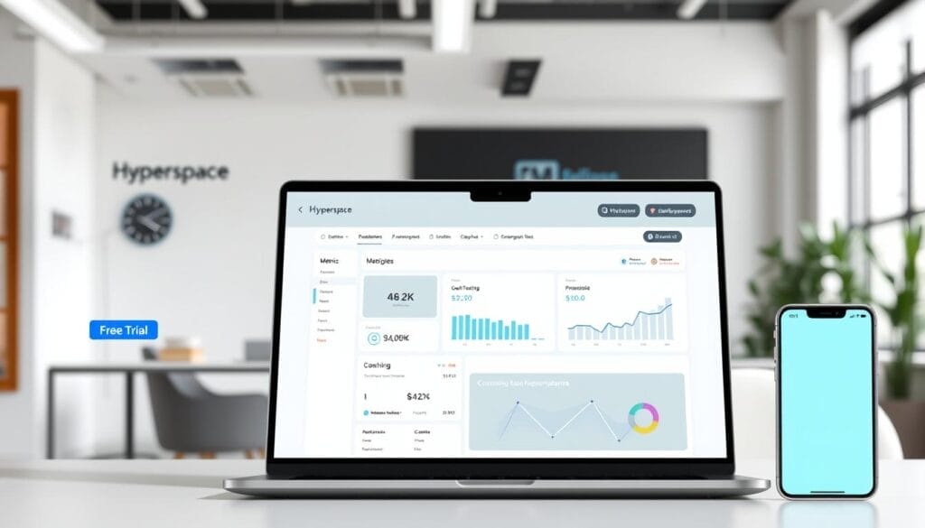 A sleek, minimalist desktop interface showcasing the "Hyperspace" AI sales coaching free trial features. In the foreground, a laptop screen displays an intuitive dashboard with customizable metrics, goal-tracking tools, and personalized coaching recommendations. The middle ground features a mobile device with a clean, user-friendly app interface, highlighting seamless access to coaching resources. The background setting evokes a modern, professional office environment with subtle brand elements, natural lighting, and a sense of productivity and progress. The overall mood conveys a streamlined, technology-driven sales coaching experience that empowers users to unlock their full potential.