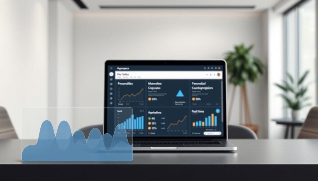 A sleek, minimalist desktop interface showcasing the "Hyperspace" AI sales coaching platform. In the foreground, a stylized graph or dashboard displays key sales metrics and insights, presented with a clean, intuitive design. The middle ground features a laptop or mobile device displaying the Hyperspace platform, its interface showcasing personalized coaching recommendations and real-time performance tracking. The background subtly suggests a modern, tech-forward office environment, with muted tones and soft lighting creating a professional, productive atmosphere. The overall impression is one of a powerful, AI-driven sales coaching solution that seamlessly integrates with the user's workflow.