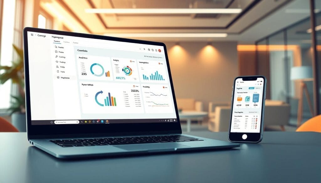 A sleek, minimalist desktop interface showcasing the "Hyperspace" AI sales training platform. In the foreground, a laptop screen displays a clean, visually appealing user interface with intuitive controls and analytics dashboards. The middle ground features a mobile device displaying the same platform, seamlessly integrated across devices. The background depicts a sophisticated office setting with modern furniture and warm, directional lighting, creating a professional and productive atmosphere. The overall impression conveys the power and accessibility of Hyperspace's AI-driven sales training solutions.
