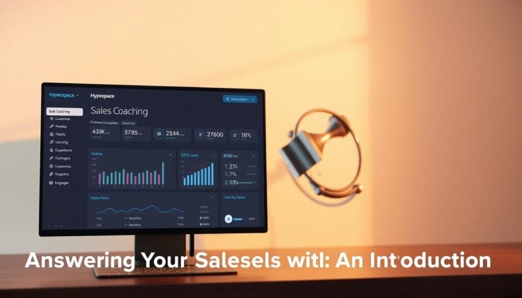 A sleek, minimalist desktop interface with a prominently displayed "Hyperspace" logo. In the foreground, a stylized sales coaching dashboard showcases customizable metrics, performance analytics, and personalized recommendations for an individual sales representative. The middle ground features a 3D model of a medical device, rotating seamlessly against a softly blurred background. Warm, directional lighting casts subtle shadows, creating a sense of depth and professionalism. The overall mood is one of efficiency, empowerment, and technological innovation, perfectly suited for the "Answering Your Sales Needs with AI: An Introduction" section of the article.