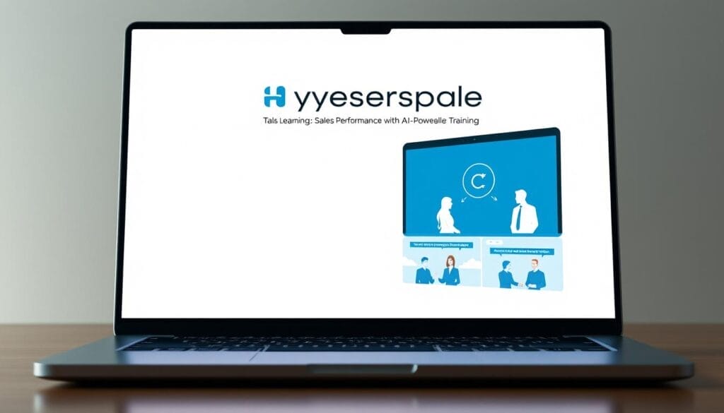 A sleek, minimalist desktop or laptop display showcases a series of interactive AI-driven sales roleplay simulations. The screen features the Hyperspace brand logo, crisp visuals, and an intuitive user interface designed to enhance sales representatives' skills and confidence. Diffused lighting creates a professional, focused atmosphere, while the overall composition conveys a sense of immersive, technology-driven sales training. The scene exudes a balance of cutting-edge innovation and practical utility, perfectly suited to illustrate the "Enhancing Rep Performance with AI-Powered Sales Training" section of the article.
