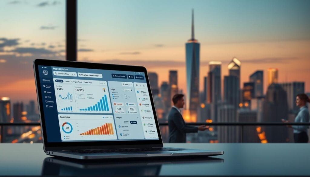 A sleek, minimalist desktop or laptop display showcasing an intuitive AI-powered sales enablement platform called Hyperspace. The foreground features a clean user interface with customizable dashboards, sales analytics, and lead management tools. The middle ground depicts a team collaborating seamlessly, sharing insights and strategies. In the background, a city skyline with towering skyscrapers symbolizes the platform's enterprise-grade capabilities. The scene is bathed in a warm, professional lighting that enhances the platform's sophisticated aesthetic. Overall, the image conveys the seamless implementation and impactful results of AI-driven sales enablement.