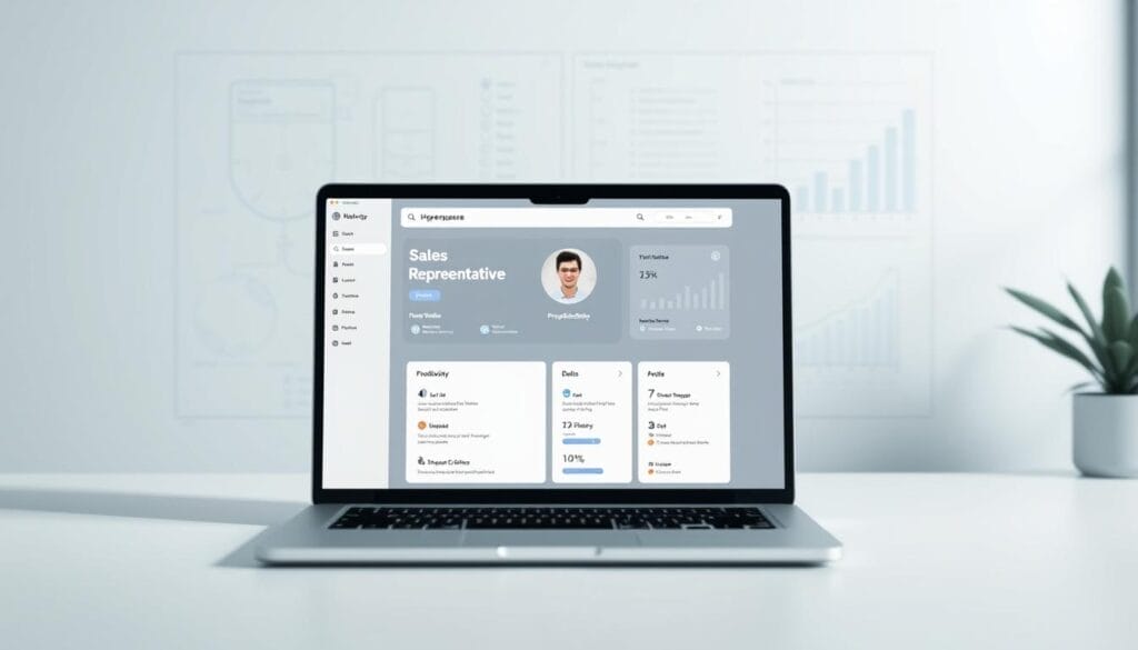 A sleek, minimalist desktop or laptop display showcasing the key features of the "Hyperspace" sales coaching tool. In the foreground, a clean and modern user interface with intuitive icons and controls for managing sales activities, providing feedback, and tracking performance metrics. The middle ground features a sales representative's profile, with customizable avatars and productivity insights. In the background, a subtle grid pattern or blueprint-style layout suggests the tool's analytical capabilities. The overall aesthetic is one of efficiency, professionalism, and empowerment, with a muted color palette and precise, high-quality renders that convey the tool's sophisticated and reliable nature.