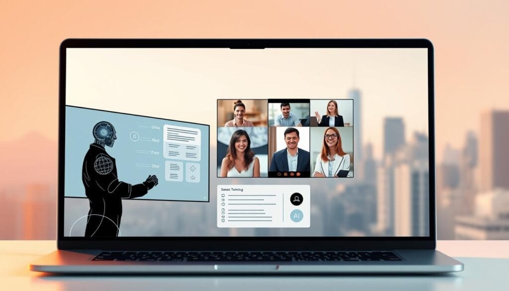 A sleek, minimalist desktop or laptop interface showcasing a Hyperspace online AI sales training platform. In the foreground, a dynamic presentation with interactive visuals and intuitive controls. In the middle ground, a team of remote sales professionals collaborating in real-time, their faces visible on video conferencing tiles. The background features a softly blurred city skyline, conveying a sense of productivity and professionalism. Warm, directional lighting from the top-left creates depth and highlights the clean, modern design. The overall mood is focused, efficient, and technologically advanced, reflecting the best practices of implementing online AI sales training for remote teams.