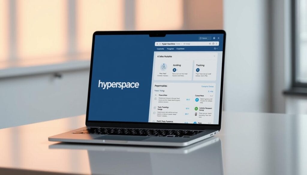 A sleek, minimalist desktop or laptop screen displaying a personalized AI sales coaching interface. The Hyperspace brand logo is prominently featured, with a clean, modern design. The interface showcases personalized training modules, progress tracking, and customized recommendations for the user. The scene is bathed in a soft, warm lighting, creating a sense of focus and productivity. The layout is intuitive and visually appealing, reflecting the advanced, yet user-friendly nature of the AI sales coaching technology.
