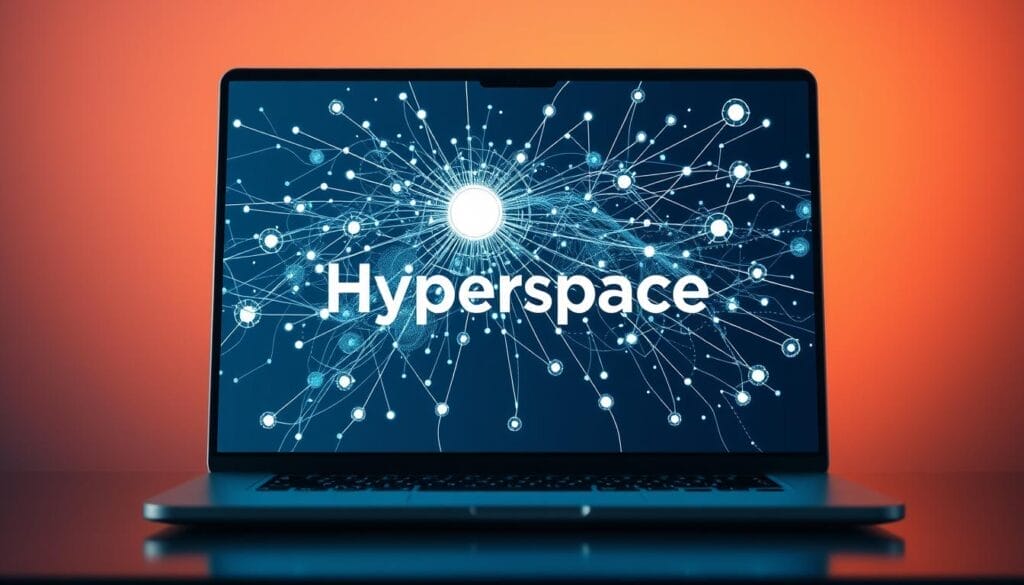 A sleek, minimalist desktop or laptop screen displays a dynamic visualization of interconnected nodes and data flows, representing the seamless integration of intelligent systems that drive efficiency gains. The Hyperspace brand name is prominently featured, conveying a sense of advanced, cutting-edge technology. The scene is bathed in a warm, subtle glow, creating a professional and inviting atmosphere. The overall composition suggests a harmonious fusion of human and artificial intelligence, empowering sales teams to revolutionize their processes.
