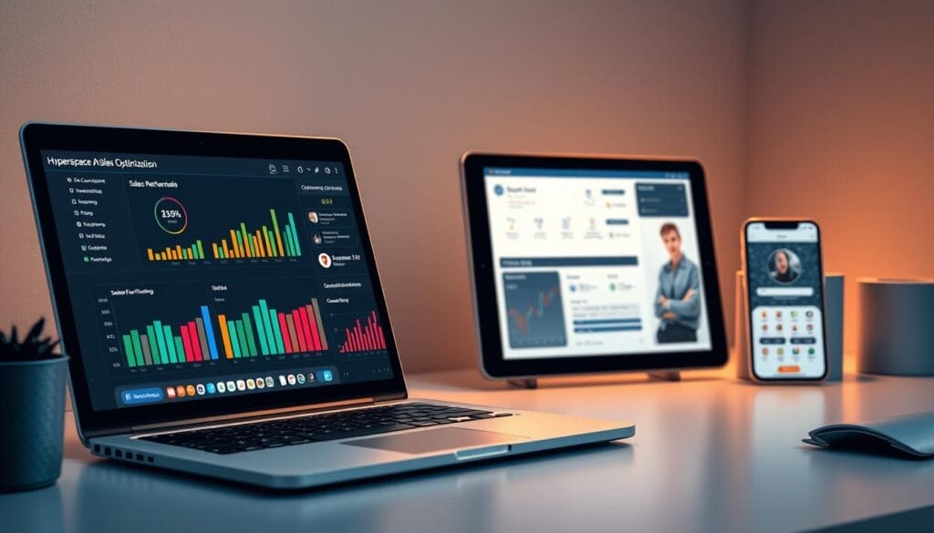 A sleek, minimalist desktop scene showcasing the "Hyperspace" AI sales coaching platform. In the foreground, a laptop displays a streamlined sales process optimization dashboard, with colorful charts and graphs providing real-time insights. The middle ground features a tablet device, its screen revealing a personalized coaching session for a sales representative, complete with performance metrics and recommended strategies. The background subtly incorporates a mobile phone, its interface demonstrating the Hyperspace app's seamless integration across devices. The entire scene is bathed in a soft, warm lighting, conveying a sense of productivity and efficiency.
