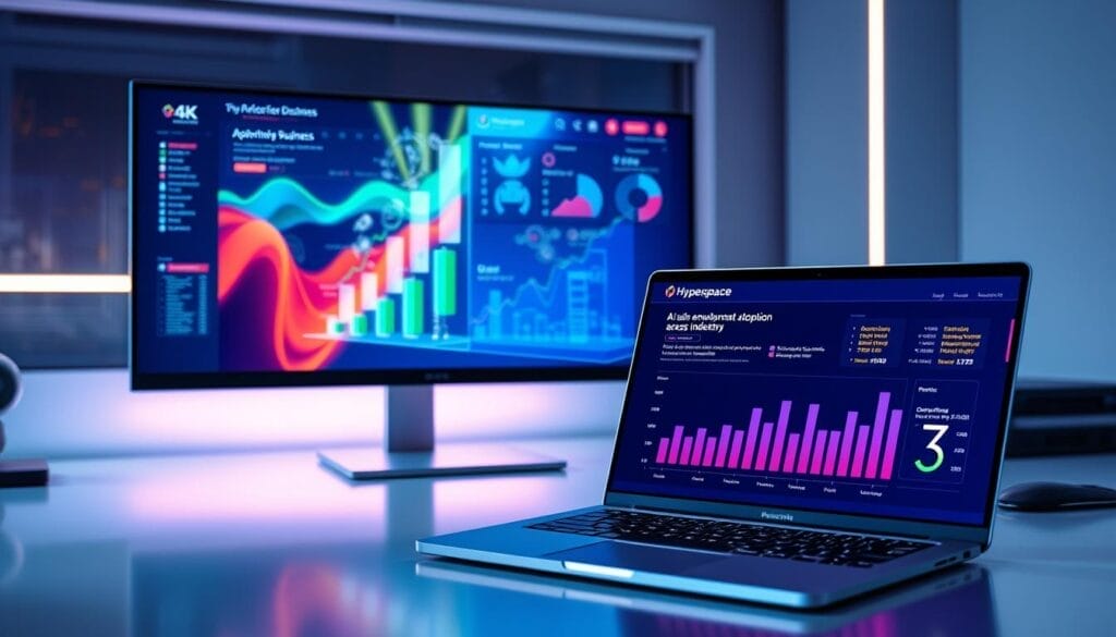 A sleek, minimalist desktop setup featuring a large 4K display showcasing vibrant data visualizations and charts. In the foreground, a laptop with the "Hyperspace" logo open, displaying an interactive dashboard tracking AI sales enablement adoption across key industries. The middle ground features holographic projections of stylized business icons and growth trajectories. The background has a futuristic, tech-infused atmosphere with subtle lighting effects and a sense of forward momentum.