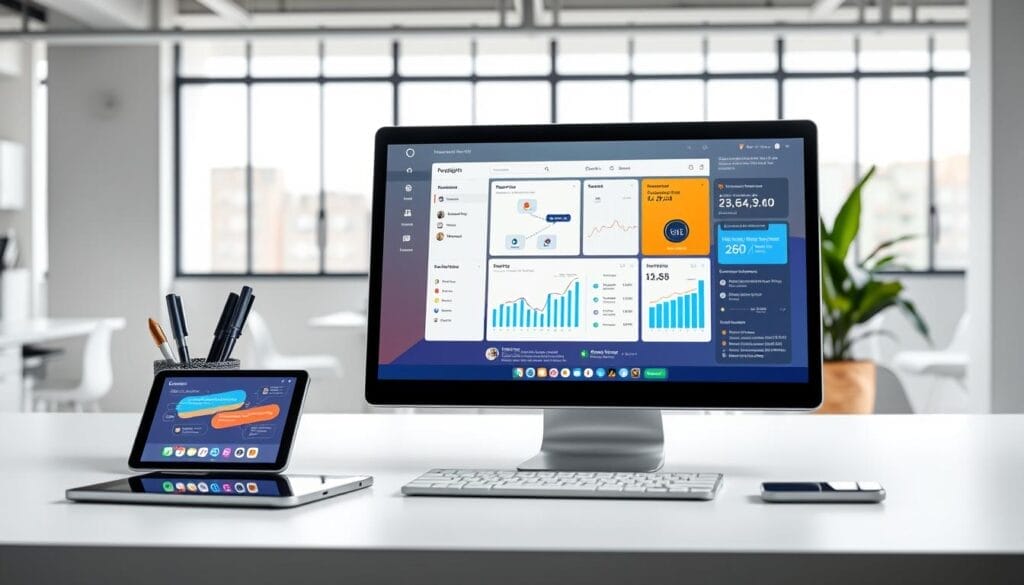 A sleek, minimalist desktop setup showcasing the Hyperspace AI sales collaboration platform. In the foreground, a laptop screen displays a vibrant, intuitive dashboard with data visualizations, sales forecasting tools, and real-time customer insights. Surrounding the laptop, a few tactile, high-quality desk accessories like a pen holder and a plant add a touch of warmth. The middle ground features a tablet or mobile device, also running the Hyperspace app, demonstrating the seamless cross-device experience. In the background, a clean, modern office environment with large windows, allowing natural light to flood the scene and create a sense of openness and productivity.