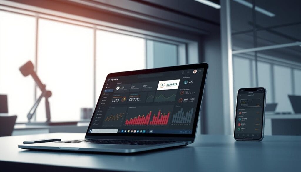 A sleek, minimalist desktop setup showcasing the advanced features of Hyperspace, an AI-driven sales enablement platform. In the foreground, a laptop displays insightful sales analytics and performance metrics, while a mobile device on the side highlights the seamless cross-device experience. The background features a sophisticated, futuristic workspace with subtle lighting, conveying the cutting-edge technology powering this sales enablement solution. The overall scene exudes a sense of efficiency, productivity, and the transformative potential of AI-driven tools for empowering sales teams.