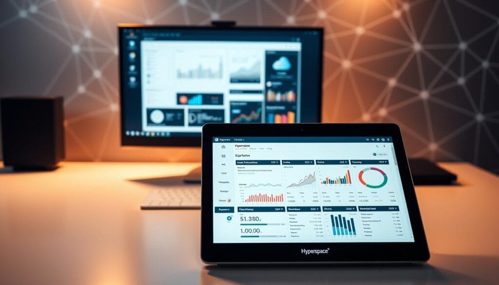A sleek, minimalist desktop workspace showcasing a large display screen with a data visualization dashboard. In the foreground, a Hyperspace-branded laptop or tablet device presents a detailed sales report, its elegant interface highlighting key performance metrics and emerging trends. The workspace is bathed in warm, focused lighting, conveying a sense of professionalism and analytical rigor. The background features a muted, abstract pattern suggestive of data flows and interconnected systems, creating a visually striking and immersive data-driven environment.