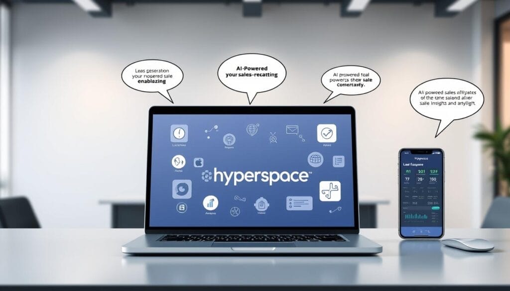 A sleek, minimalist desktop workspace showcasing a series of innovative AI-powered sales enablement tools. In the foreground, a laptop screen displays the Hyperspace brand logo, surrounded by stylized icons and UI elements that represent features like lead generation, pipeline management, and sales forecasting. The middle ground features a tablet device and a smartphone, each showcasing different AI-powered sales insights and analytics. The background is a softly blurred, neutral-toned office environment, creating a sense of professionalism and productivity. The overall scene conveys a modern, technology-driven approach to empowering sales teams with the latest AI advancements.