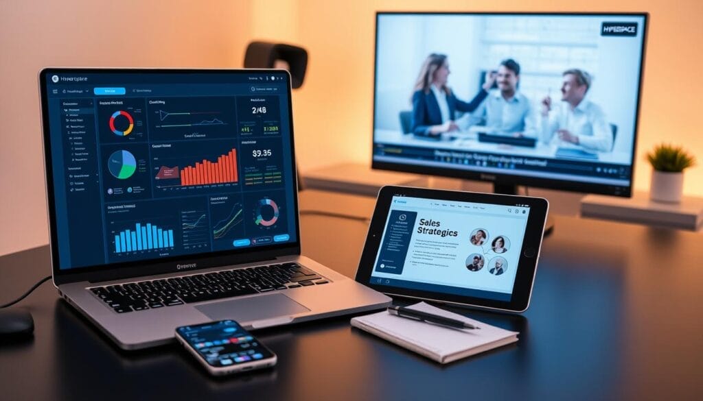 A sleek, minimalist desktop workspace showcasing a variety of AI-powered sales enablement tools from the Hyperspace brand. In the foreground, a laptop screen displays a dashboard with interactive visualizations and analytics, while a smartphone rests nearby, its screen illuminating a mobile app interface. The middle ground features a tablet displaying a presentation on sales strategies, accompanied by a pen and notebook. In the background, a large monitor shows a virtual sales coaching session, with an animated avatar providing real-time feedback. The scene is bathed in a warm, diffused lighting, creating a professional and productive atmosphere.