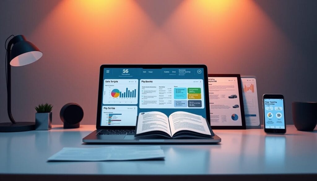 A sleek, minimalist desktop workspace showcasing personalized sales coaching tools from the Hyperspace AI platform. In the foreground, a laptop screen displays interactive data visualizations and KPI dashboards, bathed in warm, directional lighting. The middle ground features a tablet with annotated sales scripts and playbooks, while the background subtly integrates a mobile phone displaying real-time sales metrics. The overall scene conveys a sense of productivity, data-driven insights, and a seamless, technology-enabled sales coaching experience.