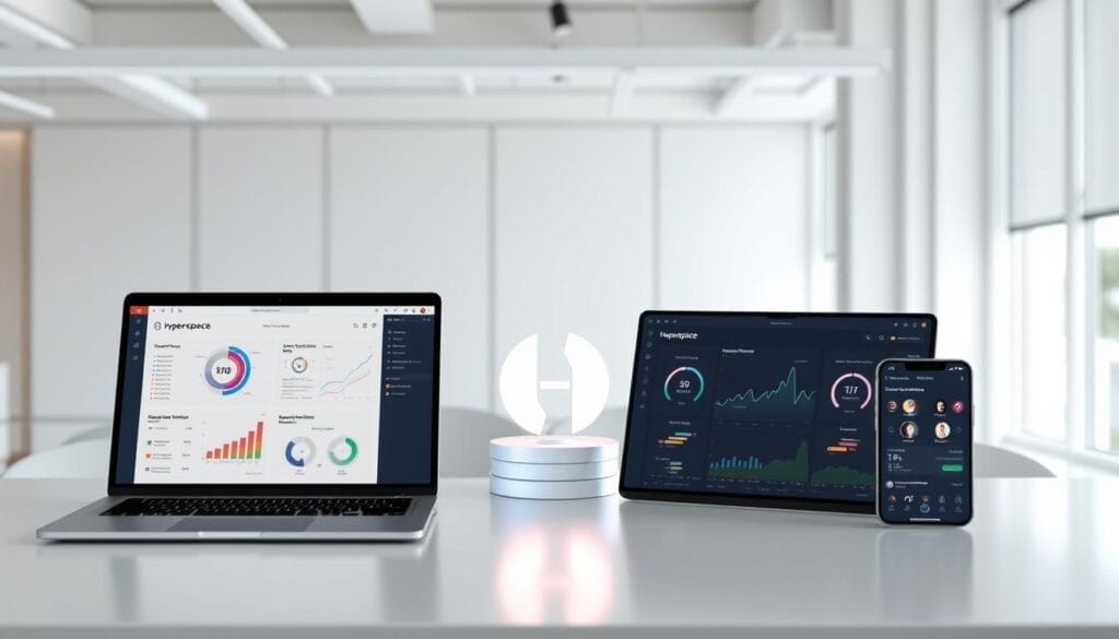 A sleek, minimalist desktop workspace showcasing the modern sales coaching tools of Hyperspace, a leading B2B SaaS platform. In the foreground, a laptop and mobile device display intuitive dashboards and analytics, providing real-time insights for sales teams. The middle ground features a stylized 3D model of the Hyperspace logo, surrounded by glowing data visualizations. In the background, a clean, bright office environment with large windows, creating a sense of openness and professionalism. The overall atmosphere conveys the power and efficiency of Hyperspace's AI-driven sales coaching solutions, tailored for the modern B2B SaaS landscape.
