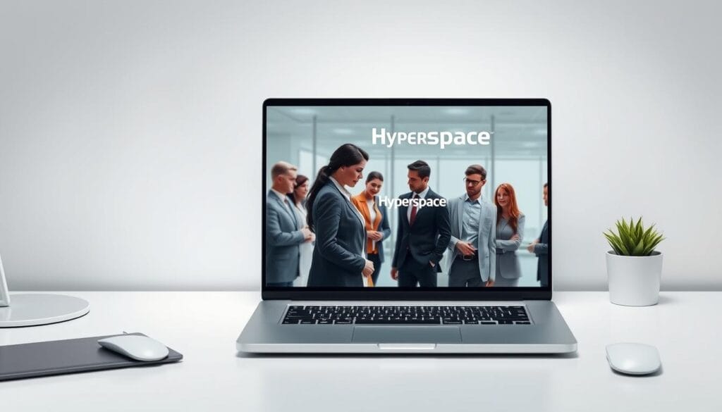 A sleek, minimalist desktop workspace with a laptop display showcasing a realistic AI-powered sales training simulation. In the foreground, a team of sales representatives interacts with lifelike virtual customers, their movements and expressions captured in crisp detail. The laptop screen displays the Hyperspace brand logo, signifying the advanced sales training software powering the simulation. Soft, indirect lighting creates a professional, immersive atmosphere, while the background features a subtle gradient that suggests a modern, technology-driven environment. The scene conveys the seamless integration of AI-driven role-play into the sales training process, revolutionizing the way sales teams hone their skills.