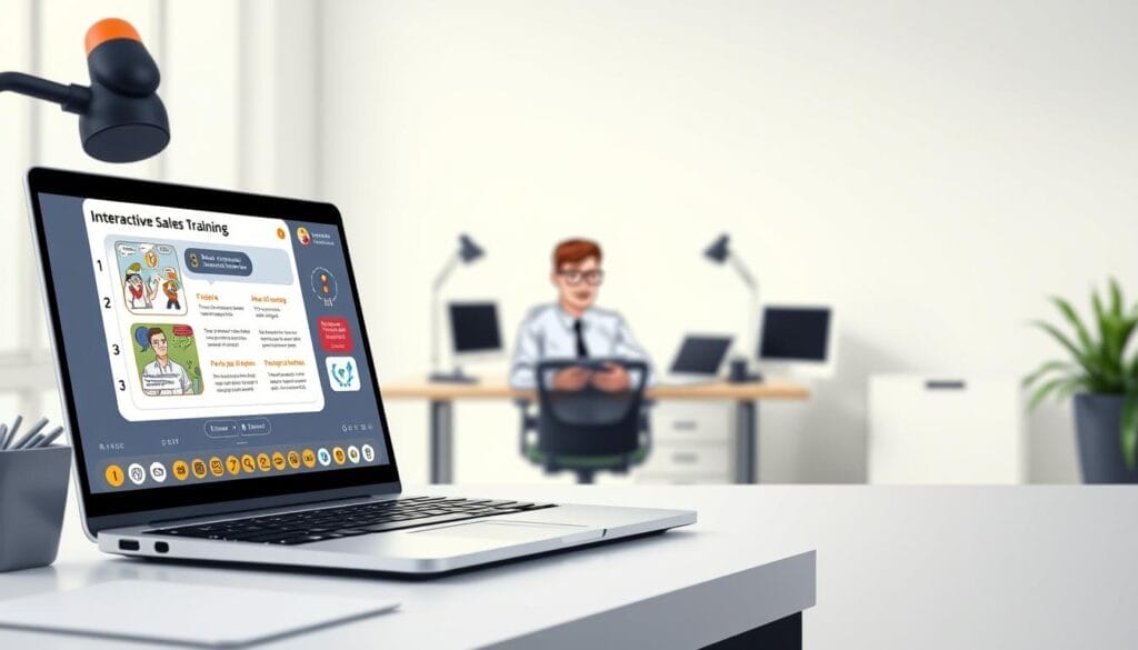 A sleek, minimalist desktop workspace with a laptop displaying interactive sales training content from the Hyperspace platform. The laptop screen shows a clean, engaging user interface with vibrant graphics, animated elements, and intuitive controls. In the foreground, a high-quality stylized illustration of a salesperson interacting with the training content, their expression focused and attentive. The middle ground features a modern office setup with a desk, chair, and other minimalist accessories. The background is a softly blurred, neutral-toned environment, creating a professional and distraction-free atmosphere. The overall scene conveys a sense of productivity, interactivity, and the value of Hyperspace's sales training solutions.