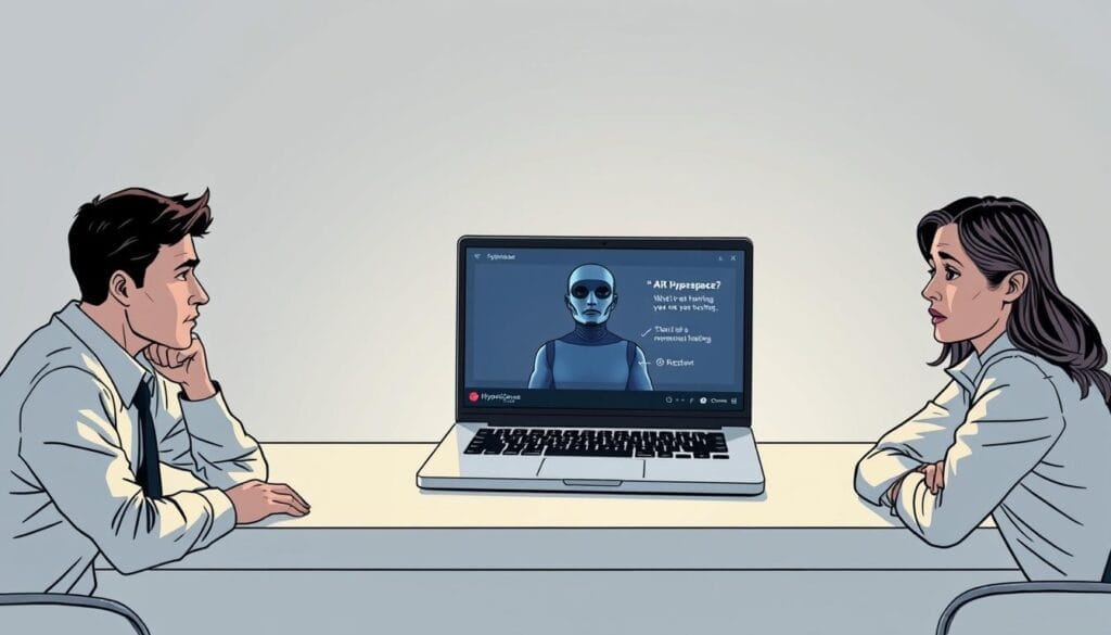 A sleek, minimalist desktop workspace with a laptop prominently displayed, showcasing a Hyperspace-branded training interface. The screen depicts a faceless AI agent delivering a presentation, while two human sales representatives appear disengaged, their expressions conveying skepticism and confusion. The scene is bathed in a soft, muted lighting, creating a contemplative atmosphere that highlights the technical limitations of AI-driven sales training. The overall composition suggests a sense of disconnect between the promise of AI-powered solutions and the practical realities faced by human sales professionals.