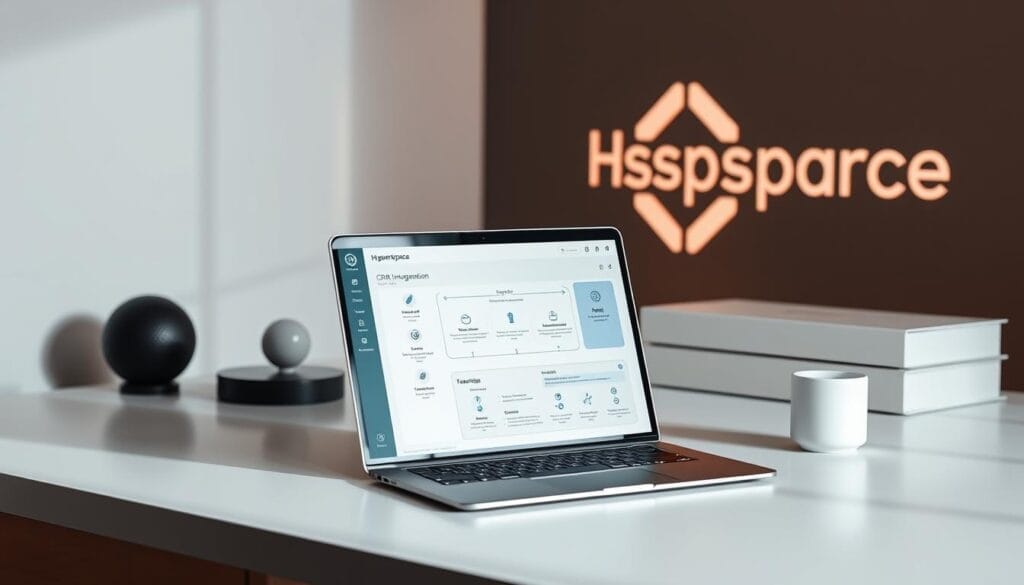 A sleek, minimalist desktop workspace with a laptop prominently displayed. The laptop screen shows a CRM integration workflow, with various modules and data flows represented by elegant icons and clean lines. The background features the Hyperspace brand logo, conveying a sense of innovative and cutting-edge technology. Soft, directional lighting illuminates the scene, creating a professional and polished atmosphere. The composition emphasizes the seamless integration of AI-powered sales coaching into the user's daily workflow, reflecting the article's focus on transforming sales with AI assistance.