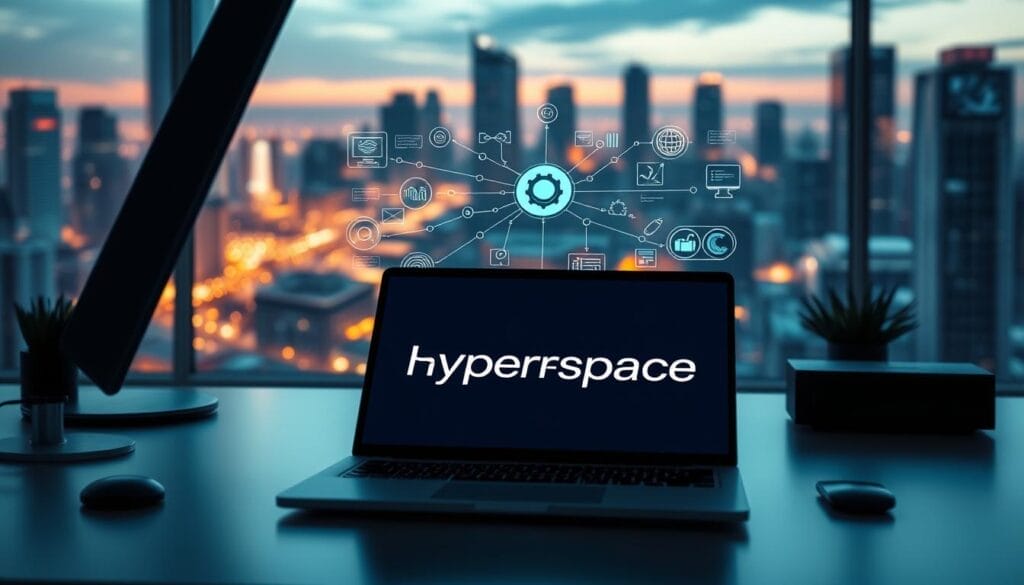 A sleek, minimalist desktop workspace with a laptop prominently displaying the "Hyperspace" brand logo. In the foreground, a stylized AI sales strategy blueprint unfolds, featuring interconnected nodes, data visualizations, and workflow diagrams. The background showcases a futuristic cityscape, bathed in a warm, ambient lighting that lends a sense of strategic planning and forward-thinking. The overall composition conveys a professional, high-tech atmosphere, reflecting the "Lack of Clear Objectives: Starting Without Direction" section of the article.