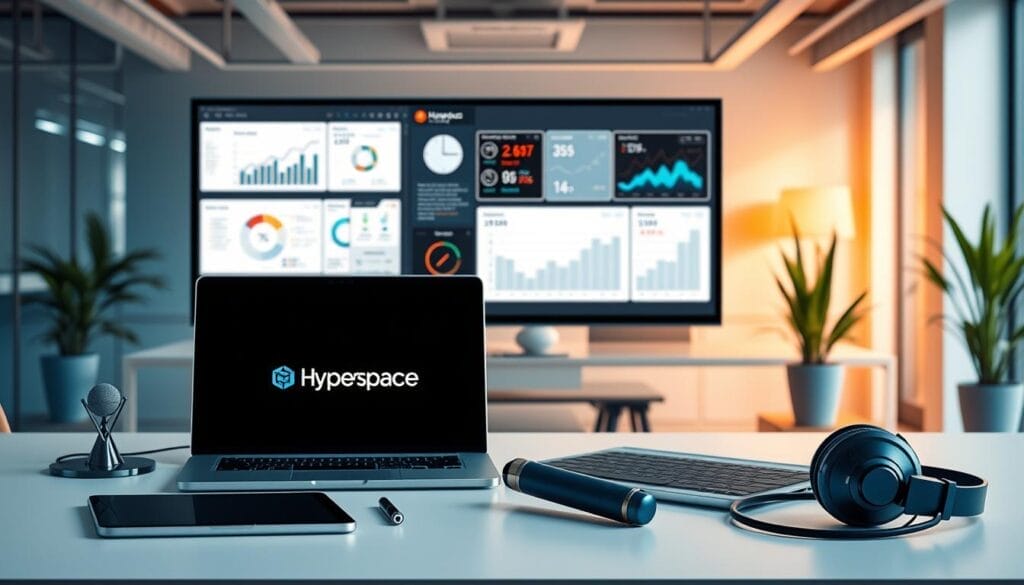 A sleek, minimalist desktop workspace with a laptop prominently displaying the "Hyperspace" brand logo. In the foreground, various AI sales training tools are arranged neatly, including a microphone, a tablet, and a headset. The middle ground features a large monitor showcasing interactive sales dashboards and analytics. The background depicts a stylish, modern office setting with clean lines, warm lighting, and subtle hints of nature through potted plants. The overall atmosphere conveys professionalism, productivity, and the seamless integration of AI technology into the sales training experience.