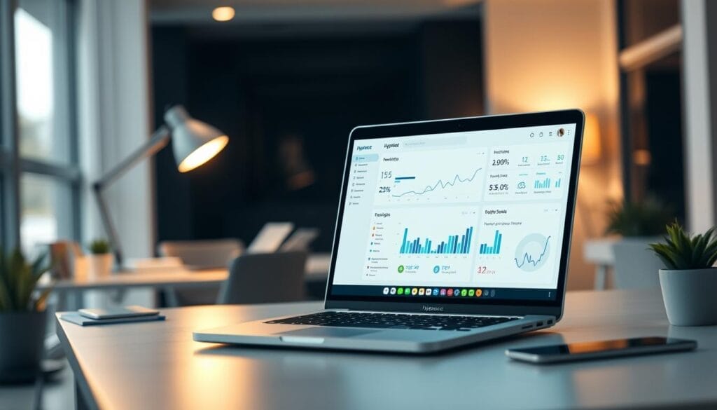 A sleek, minimalist desktop workspace with a laptop prominently displaying the "Hyperspace AI For Sales" brand logo. The laptop screen shows a clean, data-driven sales dashboard with charts, graphs, and metrics. The background features a soft, blurred office setting, conveying a professional, high-tech atmosphere. Subtle ambient lighting from a desk lamp and natural daylight from a nearby window creates a warm, productive ambiance. The overall scene suggests the power of AI-driven sales insights and the potential for measurable results.